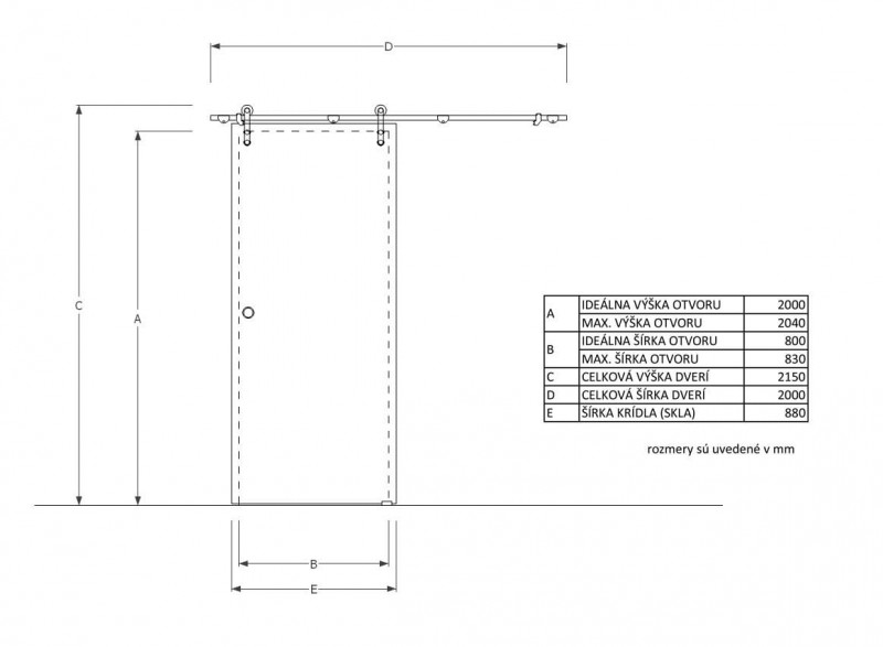 Technické rozmery pre posuvných sklenené dverí KOLO| DoMo-GLASS