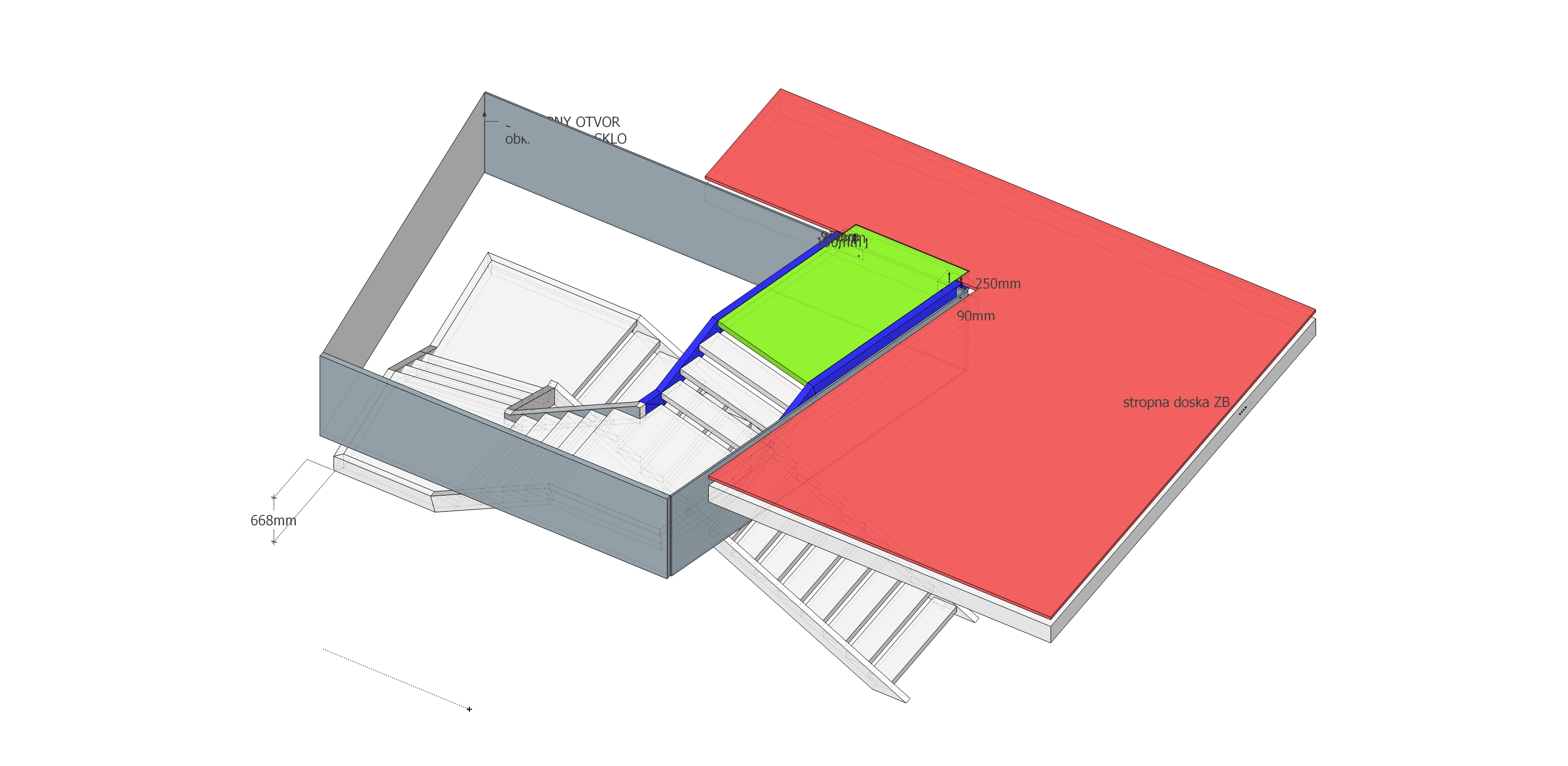 3D model schodiska s detailom kotvenia k stropnej doske | DOMO GLASS